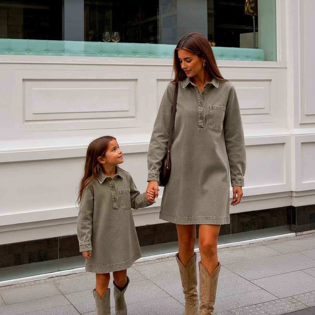 Robe chemise fille en jean kaki Eulalie