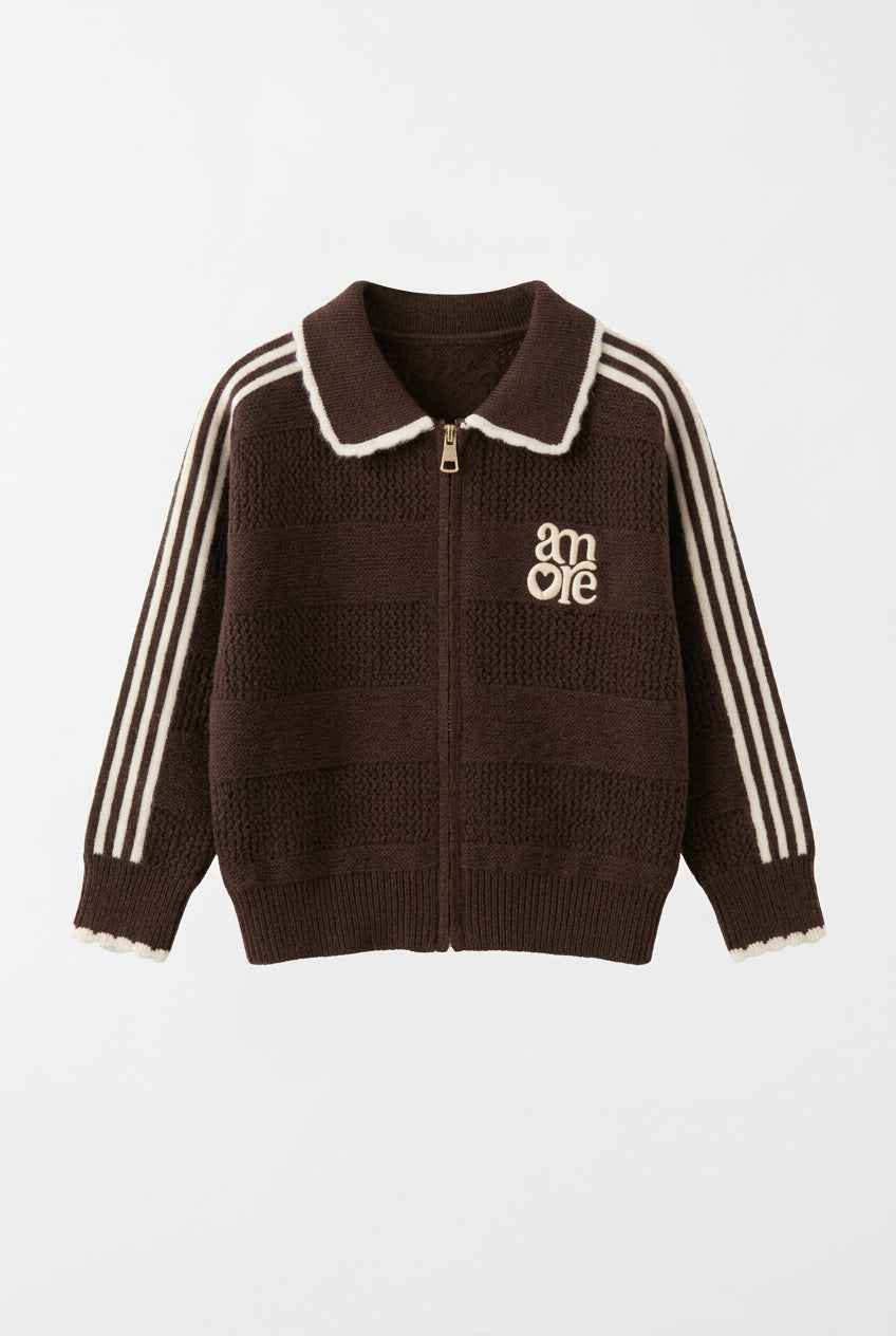 Gilet zippé fille Ézélya chocolat – maille et rayures écrues
