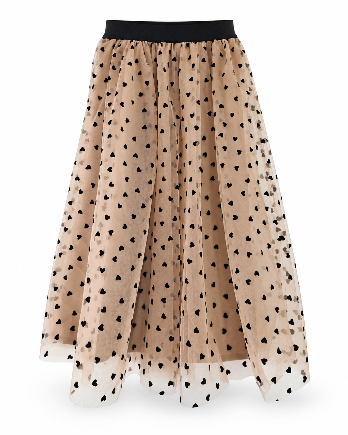 Jupe longue fille tulle beige cœurs noirs Sixtine