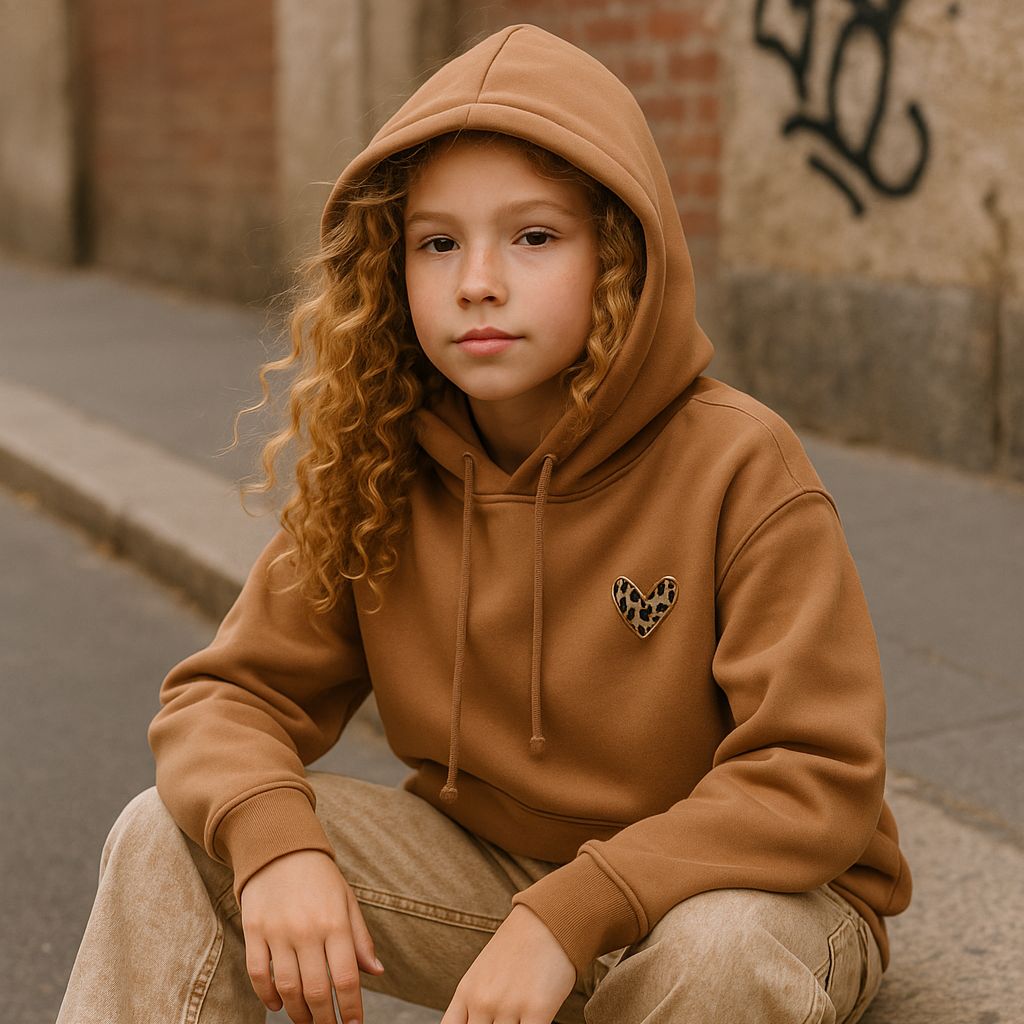 Sweat à capuche camel avec cœur léopard