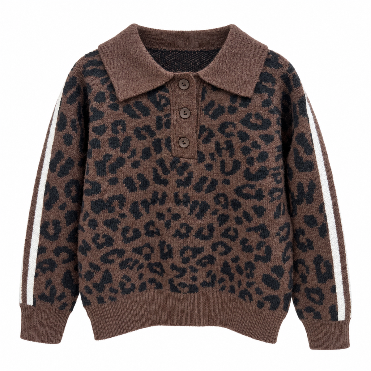 Pull fille léopard chocolat col polo Aliénor