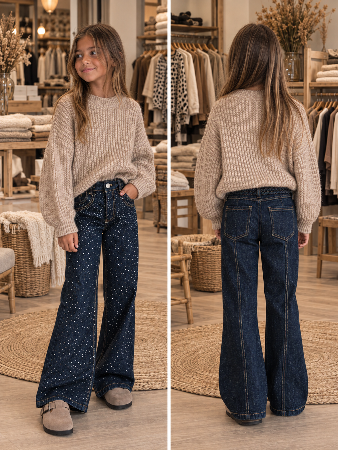 Jean fille flare bleu brut à strass Capucine