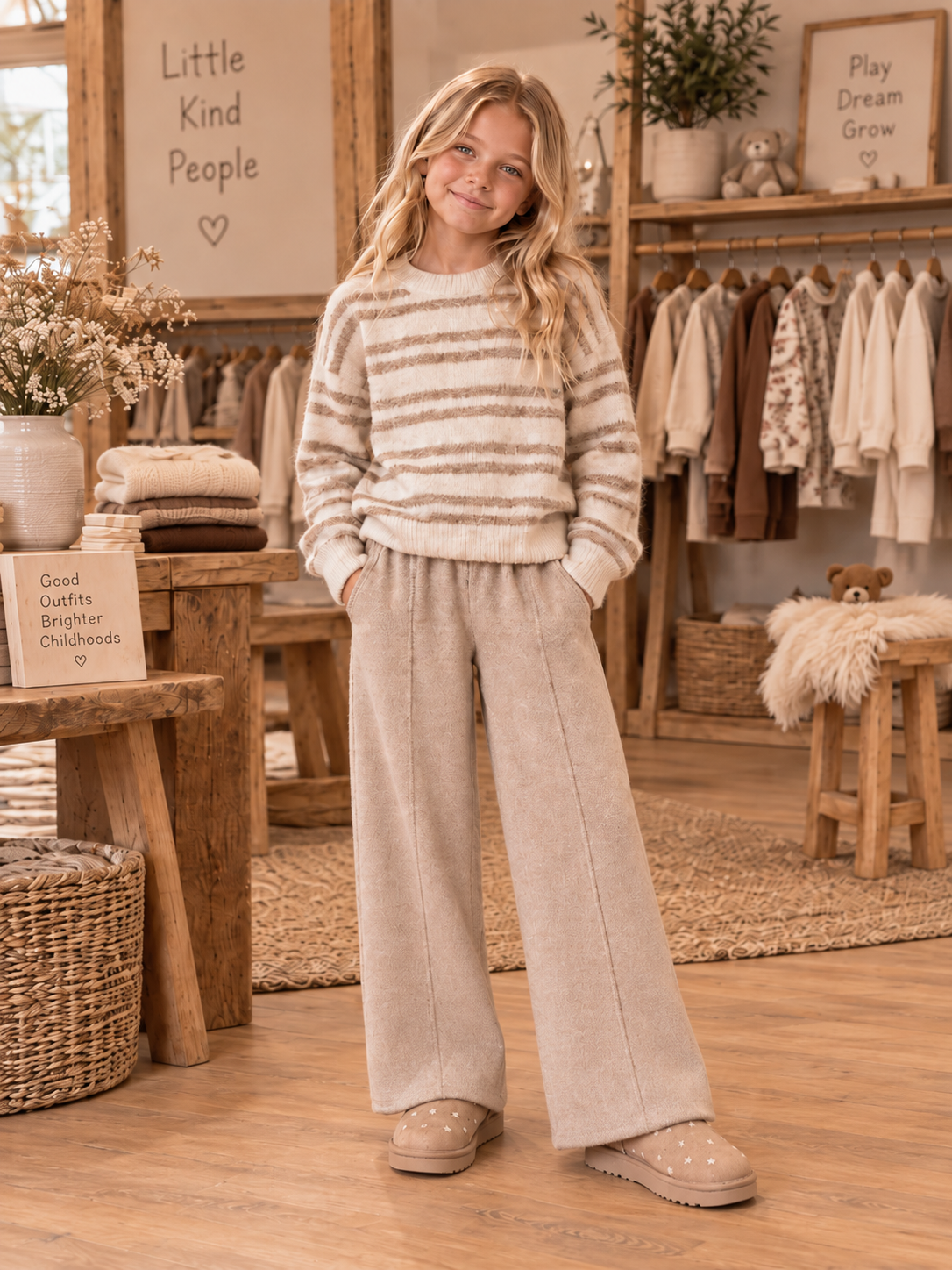 Pull fille rayé écru et taupe Domitille