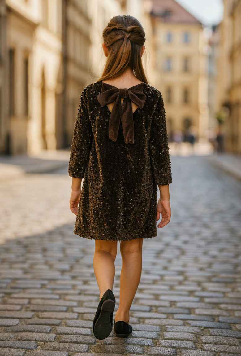 Robe fille sequins chocolat avec nœud en velours