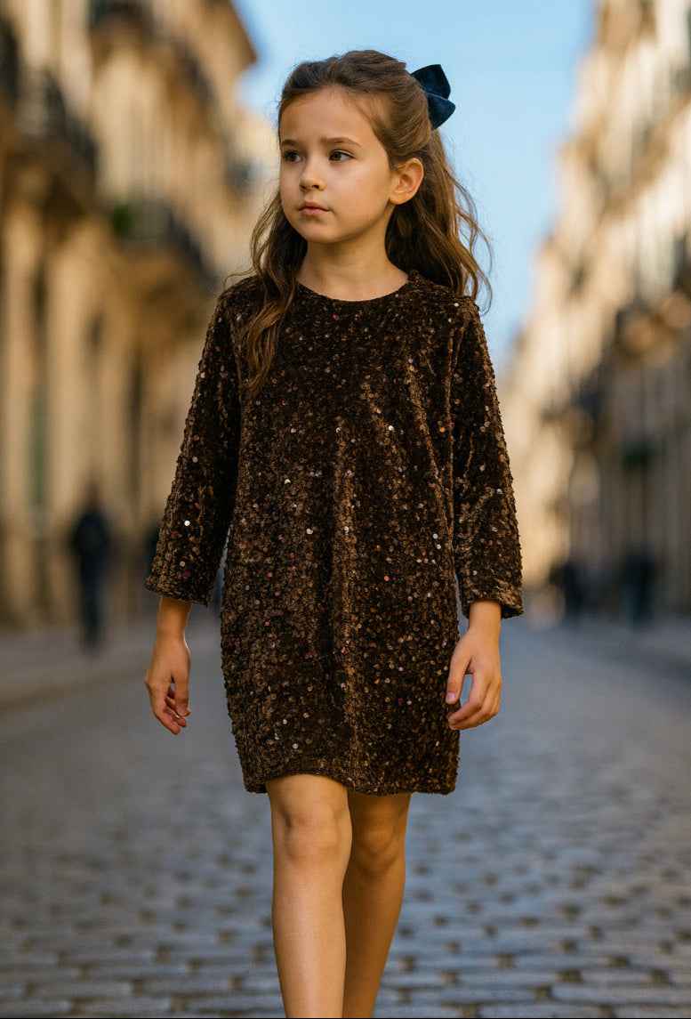 Robe fille sequins chocolat avec nœud en velours