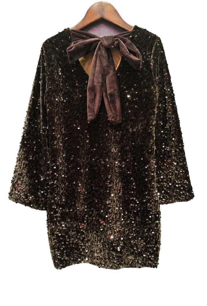Robe fille sequins chocolat avec nœud en velours