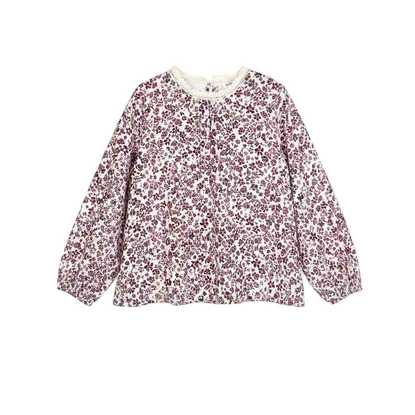 Blouse fille fleurie prune col dentelle Isalys