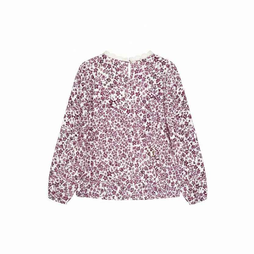 Blouse fille fleurie prune col dentelle Isalys