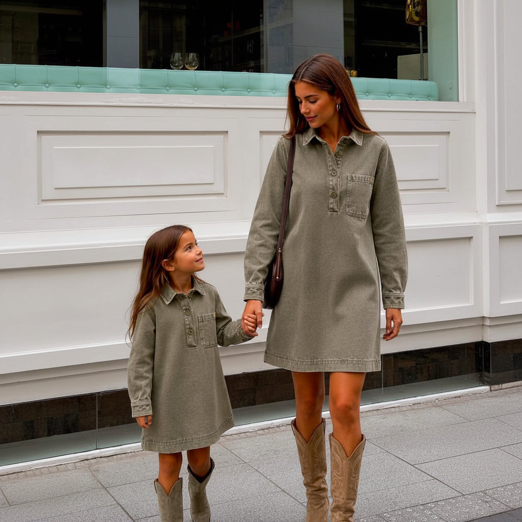 Robe chemise fille en jean kaki Eulalie