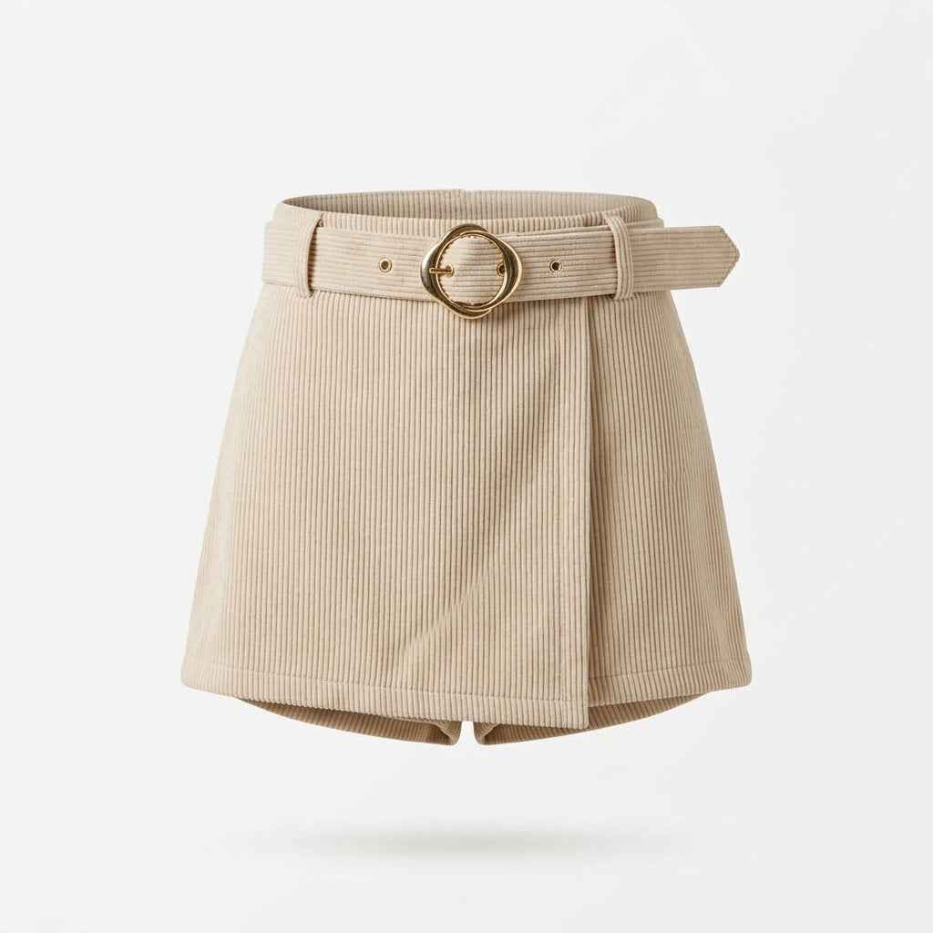 Jupe-short fille Naëlya beige en velours côtelé – avec ceinture
