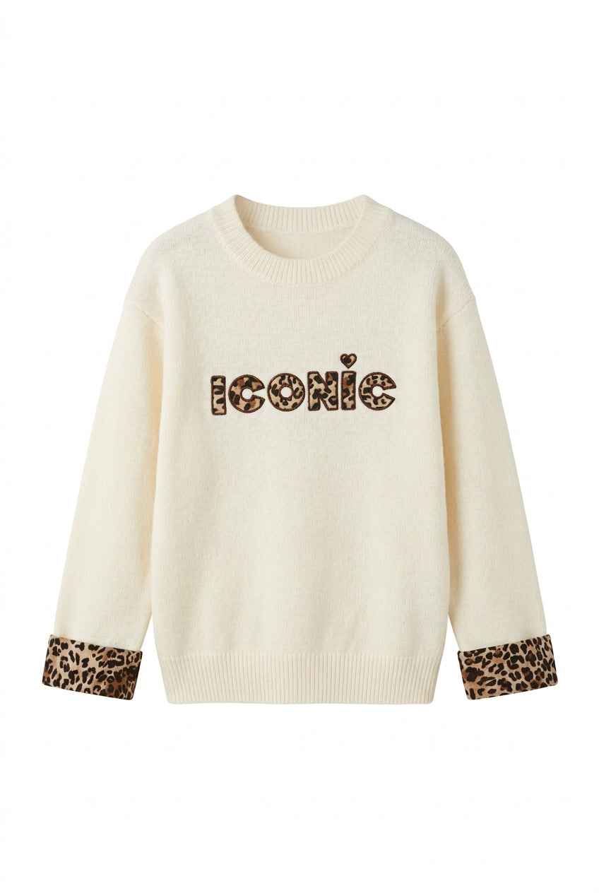 Pull fille Olyssia écru – inscription ICONIC léopard