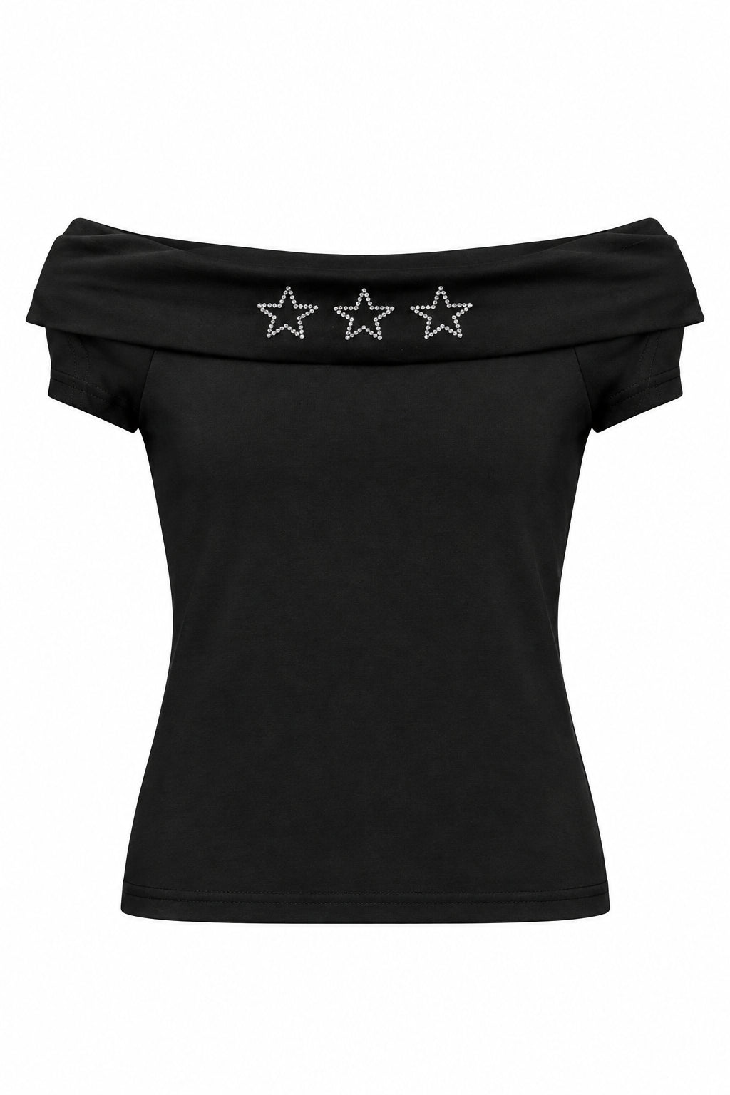 T-shirt noir épaules dégagées étoiles strass