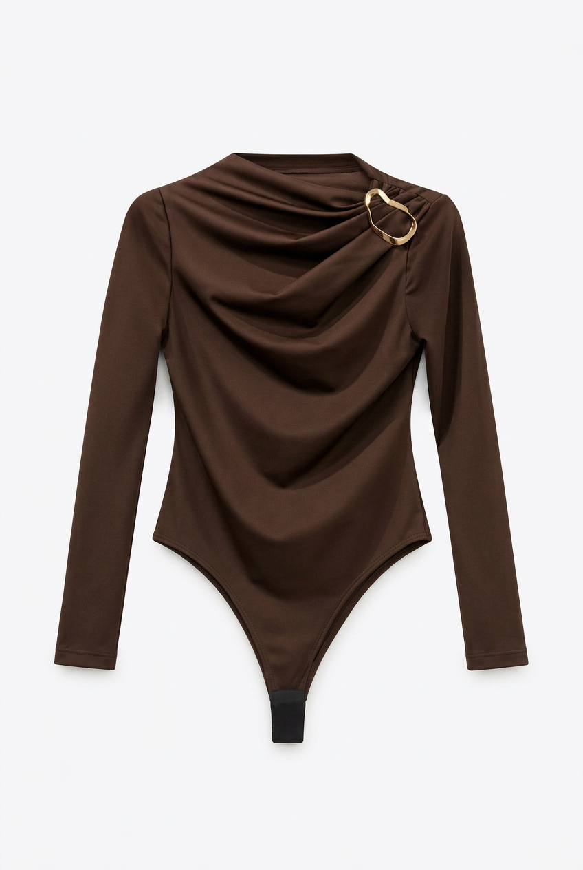 Body fille Azélina chocolat – col drapé et bijou doré