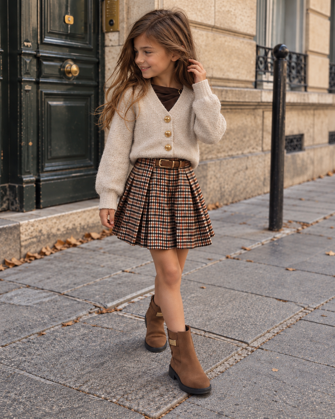 Jupe plissée fille Élyssia à carreaux marron – avec ceinture