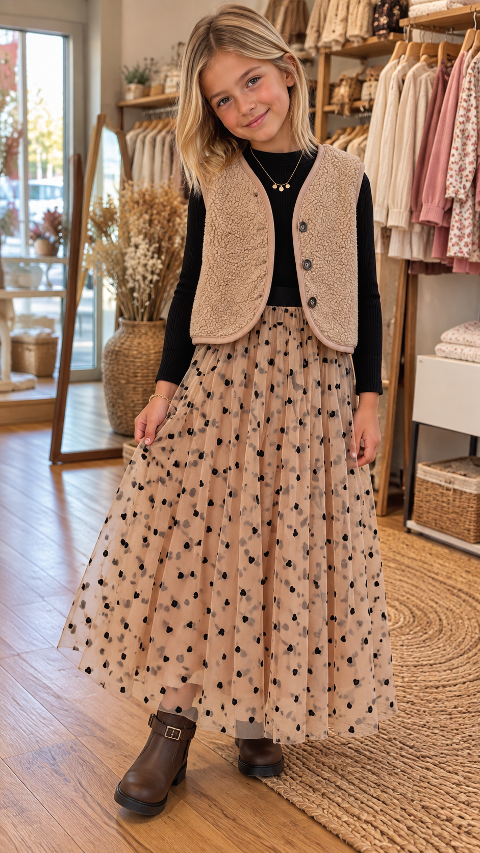 Jupe longue fille tulle beige cœurs noirs Sixtine