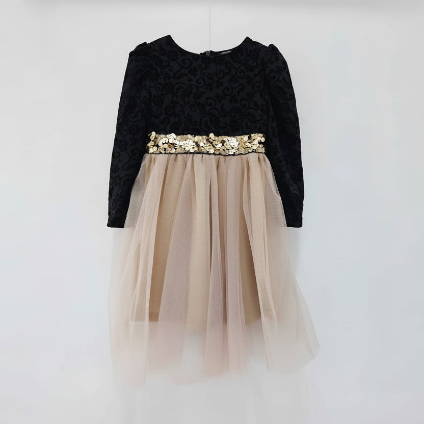 Robe de fête fille velours noir & tulle beige