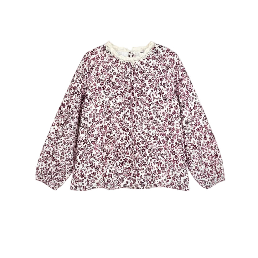 Blouse fille fleurie prune col dentelle Isalys