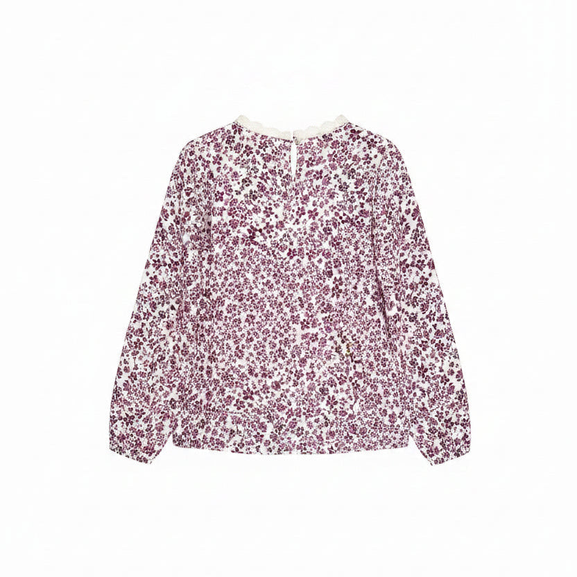 Blouse fille fleurie prune col dentelle Isalys
